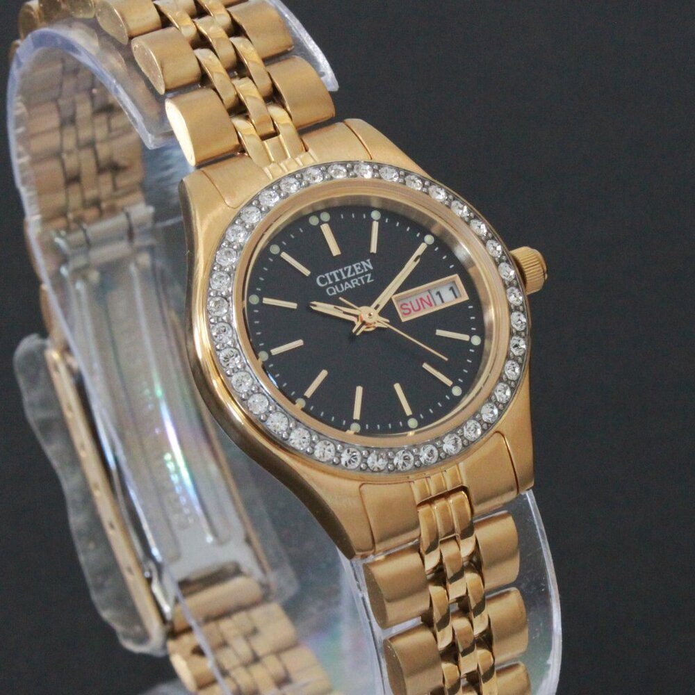 Citizen Ladies Classic Quartz Watch Crystal Bezel Gold Toone Black Dial 26mm - Picture 5 of 13